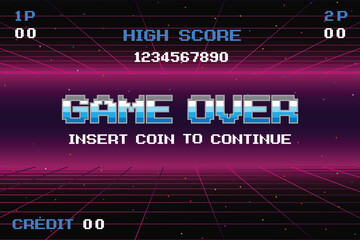 GAME OVER insert coin to continue. pixel art .8 bit game. retro game. for game assets .Retro Futurism Sci-Fi Background. glowing neon grid. and stars from vintage arcade computer games