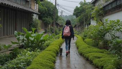 a girl walking on the path with its cat cloudy weather plants and trees everywhere