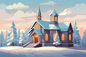 vector illustration of a church with a winter feel