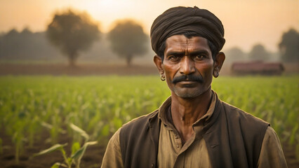 Farmer in field in India - obrazy, fototapety, plakaty