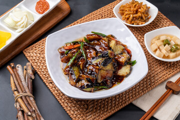 Stir-fried eggplant, Chinese food, Guobaorou, Honam, shrimp, fried food, side dish, jachai, pickled radish, onion, pepper