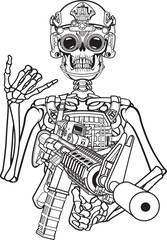 military Skeleton shows hand sign wearing military gear and holding assault rifle	 - obrazy, fototapety, plakaty