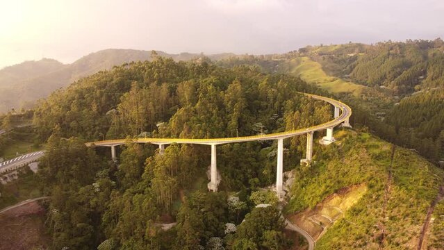 aerial images of the highway that crosses the central mountain range with its bridges and traffic