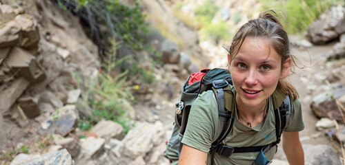 Fototapeta na wymiar A female hiker pausing on a rocky trail, her expression a mix of exhaustion and exhilaration as she looks directly into the camera