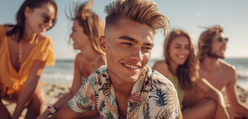 A self-assured young man sporting a fashionable haircut leads a group of pals having a carefree day at the beach. His positive attitude is contagious