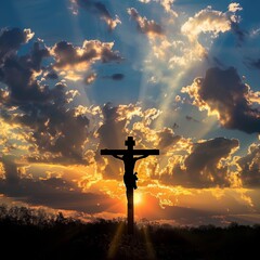 A Christian cross silhouette is beautifully highlighted by the golden light of the sunrise.