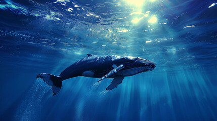 Fototapeta premium A large blue whale in the ocean is about to rise to the surface.