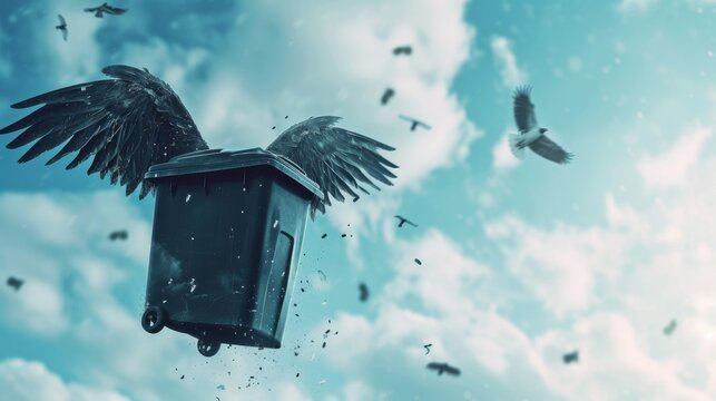 Conceptual image with flying trash can against blue sky with clouds