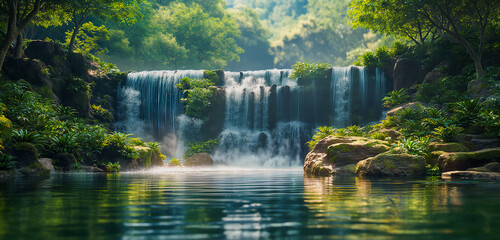 Picture of a clear waterfall flowing in a lush green forest. Suitable for use in advertising. Technology products and website design work Image generated by AI