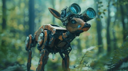 Robot deer and forest ranger use binoculars to monitor the wilderness, AI generated image.