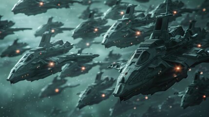 Space fighter jet fleet,fight ships battle in space.AI generated image. - obrazy, fototapety, plakaty