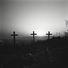 The fading light of dusk reveals Golgotha hill's cross silhouettes, casting long shadows. - obrazy, fototapety, plakaty