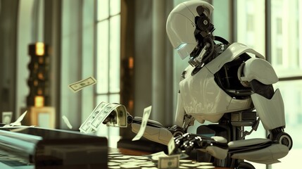 Fototapeta premium Bank manager robot counting cash. Using ai technology for make money.