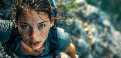 A young woman hiking up a steep incline, her face lit with determination as she looks directly into the camera, sweat glistening on her forehead - obrazy, fototapety, plakaty