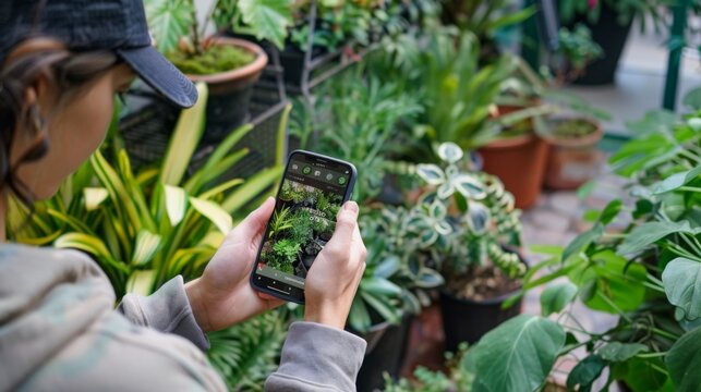 Woman Taking Picture of Plants in Greenhouse