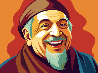 Minimalist style of a wise man smiling. Close up art illustration.