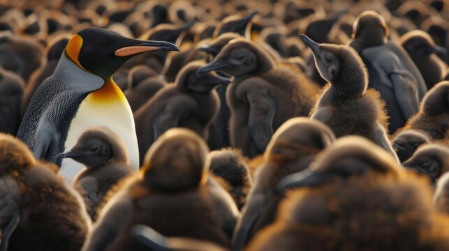 An adult penguin stands among a large group of nearly adult chicks, AI generated image.