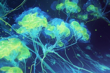 Neuron synaptic transmission, side shot, fluorescent green and blue, dark scene
