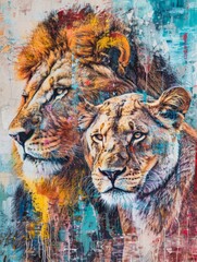 Fototapeta premium A painting featuring two lions in a majestic pose against a blue background