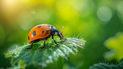 Ladybug Sitting on Green Leaf