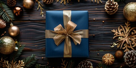 Fototapeta na wymiar Elegant Blue Gift Box Tied With Golden Ribbon on Festive Holiday Background
