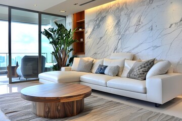 Modern Living Room With White Sofa and Marble Wall in a Daylight Setting