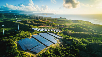 Aerial and ground level images of renewable technologies solar panels and wind infrastructure, A rows of photovoltaic solar panels power generation in the grassland at sunrise in the morning - obrazy, fototapety, plakaty