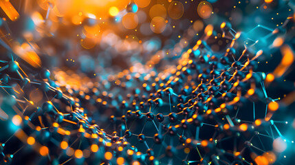 Abstract futuristic background with glowing geometric shapes and connected lines forming a dynamic pattern of orange and blue particles, representing a technology network concept - obrazy, fototapety, plakaty