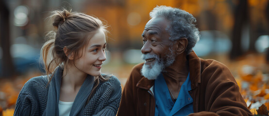 An elderly man and a young woman spend time together outside, smiling at each other and enjoying their shared moment.  - obrazy, fototapety, plakaty