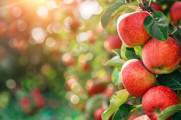 Several ripe red apples are hanging in a group from the branches of a tree - obrazy, fototapety, plakaty