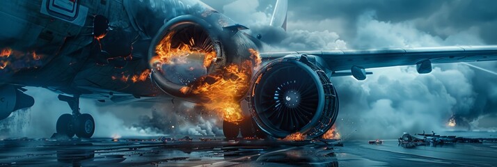 Graphics of a burning passenger plane on the tarmac, portraying the aftermath of a plane crash - obrazy, fototapety, plakaty
