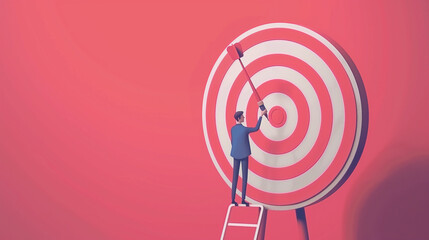 Business concept. illustration of employee showing career goal. Arrow heading to target on dartboard.