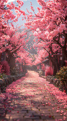 Tunnel of flowering trees in spring. Blooming sakura trees in the park in spring. Pink sakura flowers bloomed in spring.