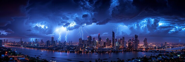Mesmerizing nocturnal cityscape: vibrant skyline illuminated by dazzling lightning bolts - obrazy, fototapety, plakaty