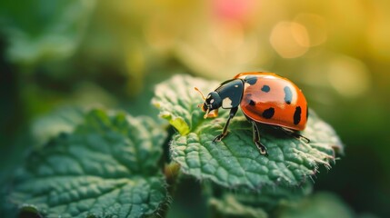 Fototapeta premium Ladybug Resting on Green Leaf