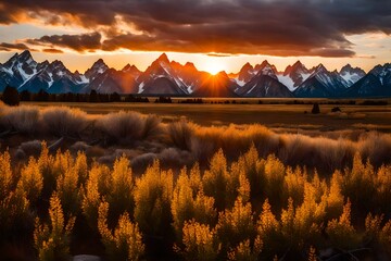 Grand Teton sunset - An expansive view of a breathtaking springtime sunset from the ruins of an old ranch. - obrazy, fototapety, plakaty
