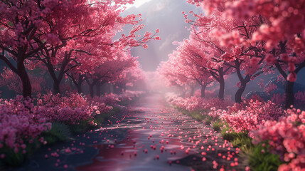 Tunnel of flowering trees in spring. Blooming sakura trees in the park in spring. Pink sakura...