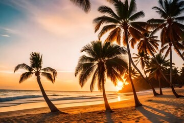 Gorgeous tropical beach scene at sunset on Paradise Island featuring palm tree silhouettes and a backdrop of summer vacations.