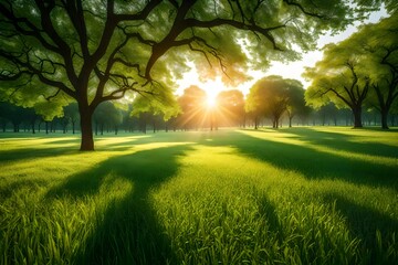 The natural green grass field at sunrise in the park with trees and sunlight on the grass green...