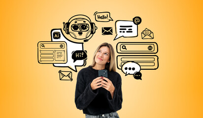 Smiling woman using smartphone and chat bot doodle with web icons - obrazy, fototapety, plakaty