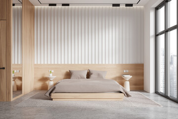 White and wooden master bedroom interior - obrazy, fototapety, plakaty