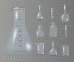 Realistic lab beaker, glass flask and other chemical containers, 3D measuring medical equipment isolated on transparent background. Empty chemical laboratory equipment in realistic style. Vector.
 - obrazy, fototapety, plakaty