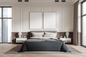 Beige home bedroom interior with bed and decoration. Mock up frames