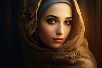 Portrait of a beautiful Muslim woman in a headscarf - obrazy, fototapety, plakaty