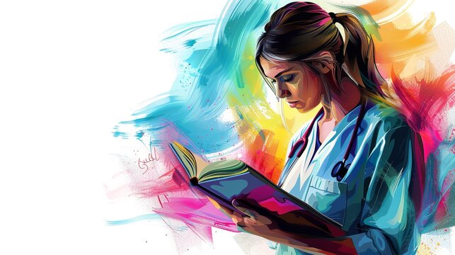 a vibrant vector art image of a nurse reading a book