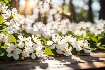 White blossoms and sunbeams in a springtime background in front of a wooden table.
