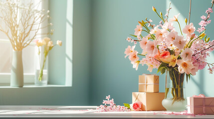 Image of several gift boxes on the table that are beautifully and luxuriously wrapped, as well as flower decorations in vases.