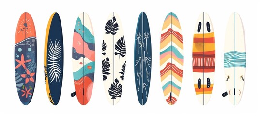 Multiple surfboards lined up in a row on the beach, ready for use by surfers on a sunny day
