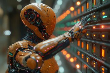 A robot in the shape of a human being operates on a touch screen,