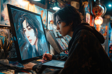 Fototapeta premium An artist drawing a webtoon on a large screen digital tablet